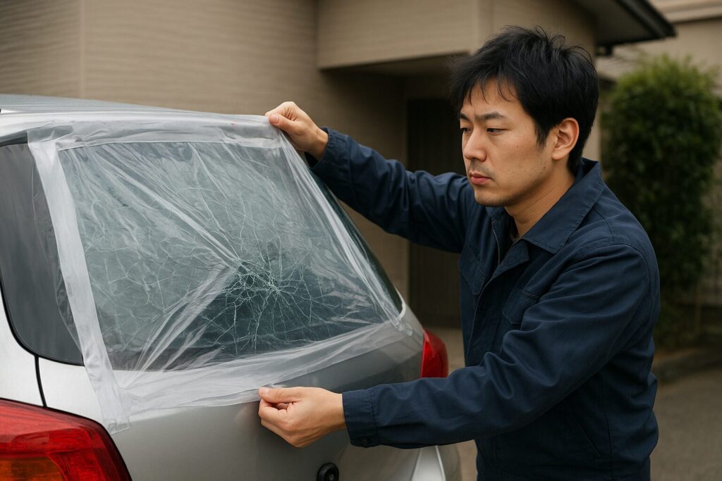 割れたリアガラスにシートを貼る男