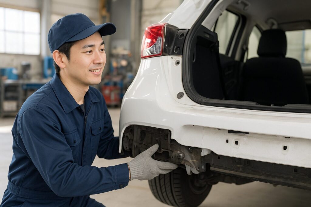 リアバンパーを修理する整備士