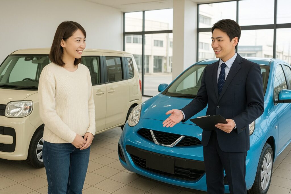 中古車販売店で販売員から車の説明を受ける女