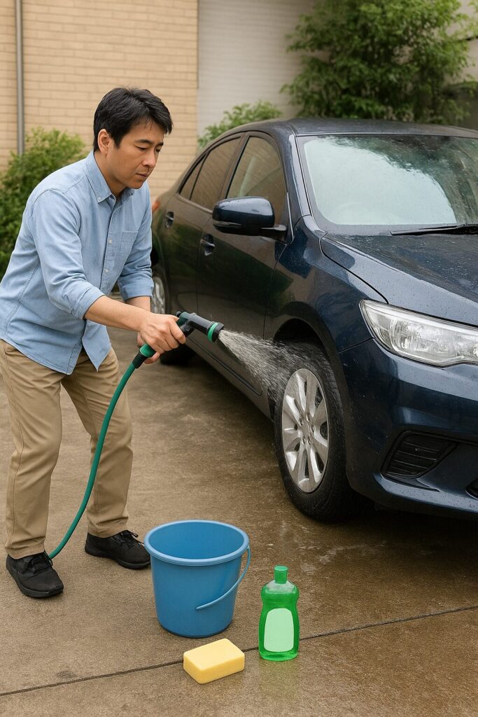 中性洗剤を薄めて洗車する男