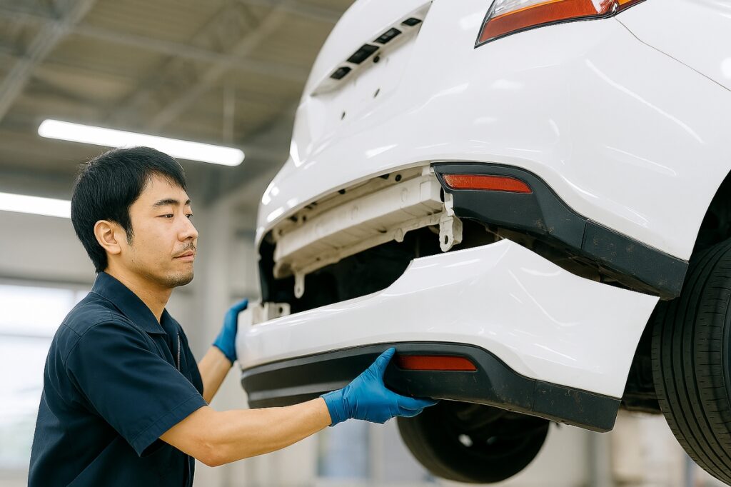 整備工場でリアバンパーを交換する整備士