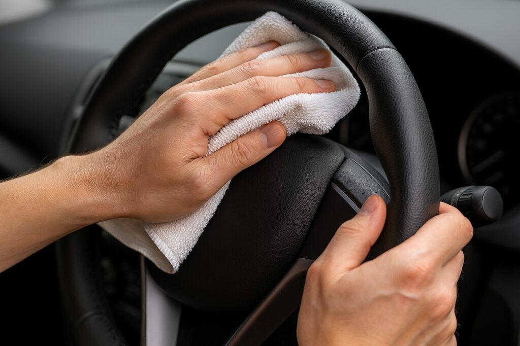 ハンドルを濡れた布で拭く