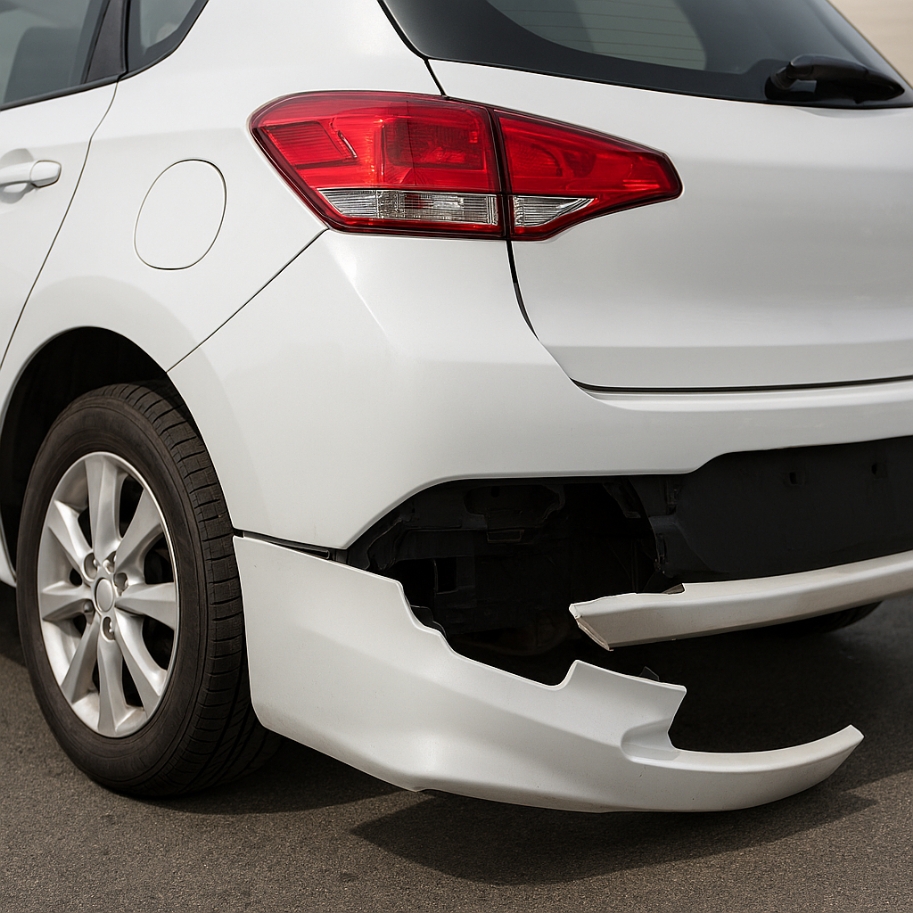 一部破損してブラ下がったリアバンパー