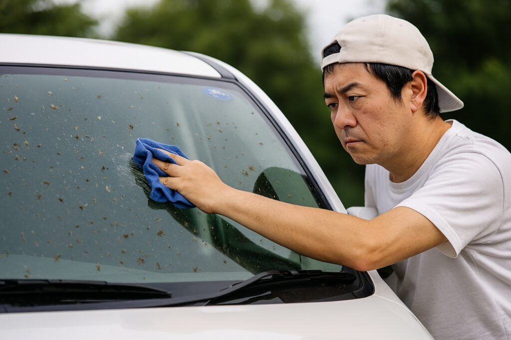 白い車のフロントガラスにこびりついた虫の死骸を掃除する男