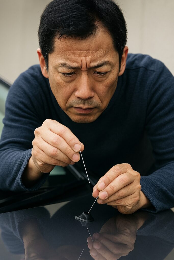 ウインドウォッシャーノズルを器具で修理する男