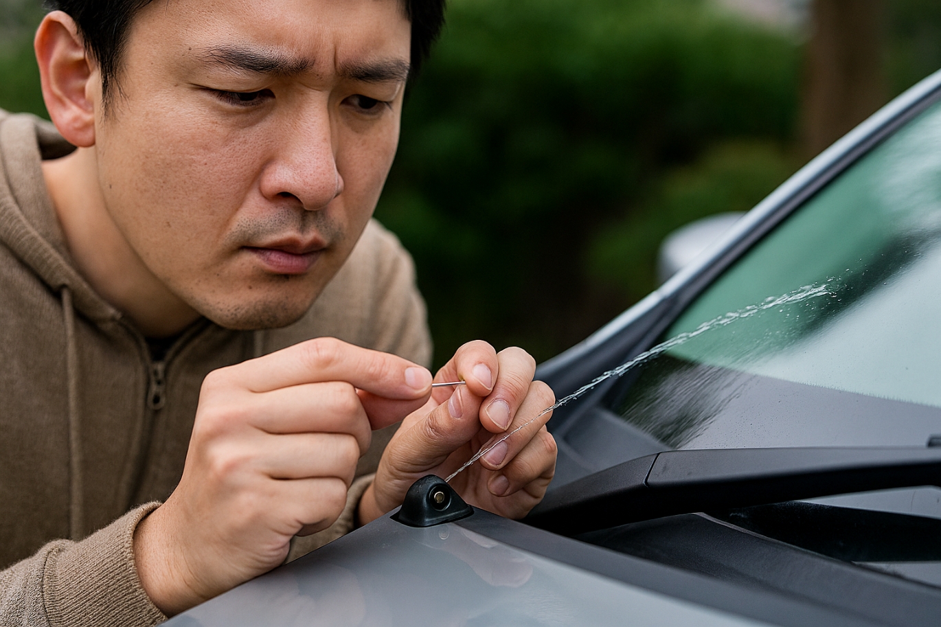 ウインドウォッシャーノズルの詰まりを針で修理する男