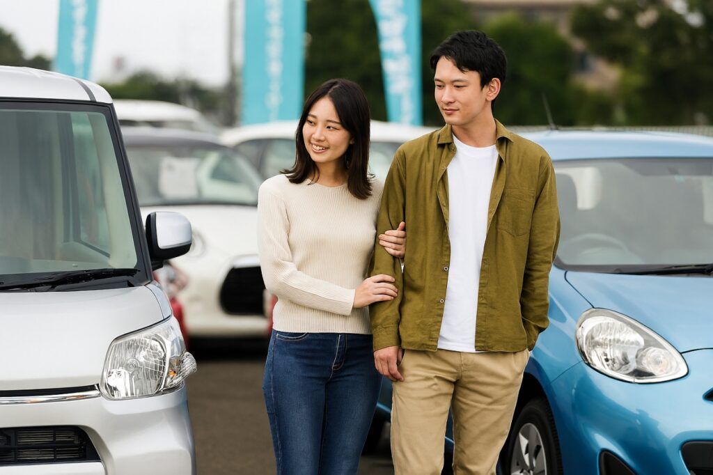 中古車販売店に展示される軽自動車や普通車を見比べる若いカップル