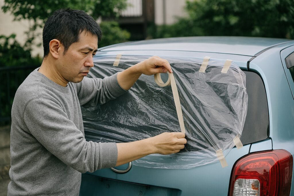 割れたリアガラスにビニールシートを貼る男