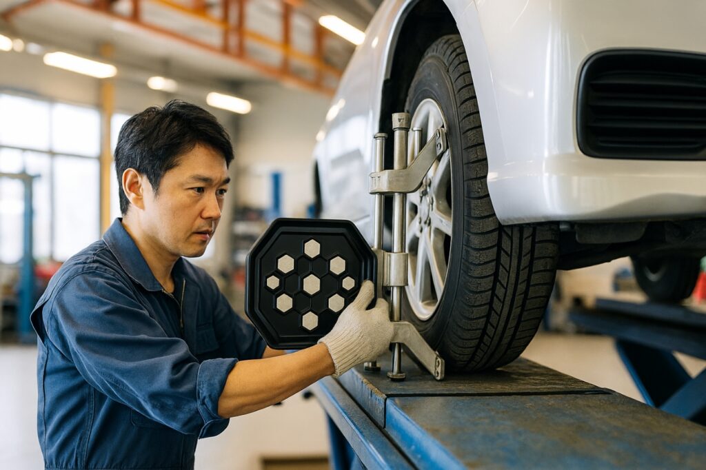 車を計測器に乗せてアライメント調整をする整備士