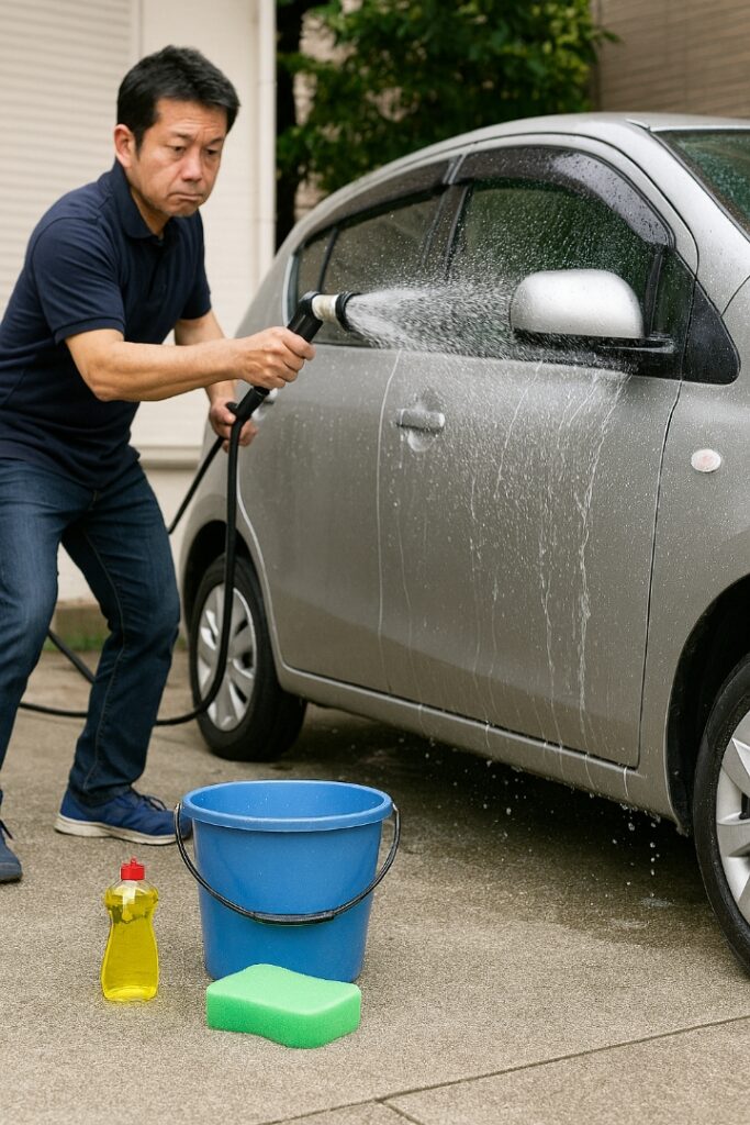 家庭用中性洗剤を薄めて洗車する男