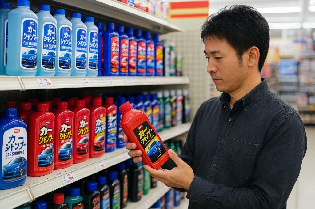 大手カー用品店でカーシャンプーを選ぶ男