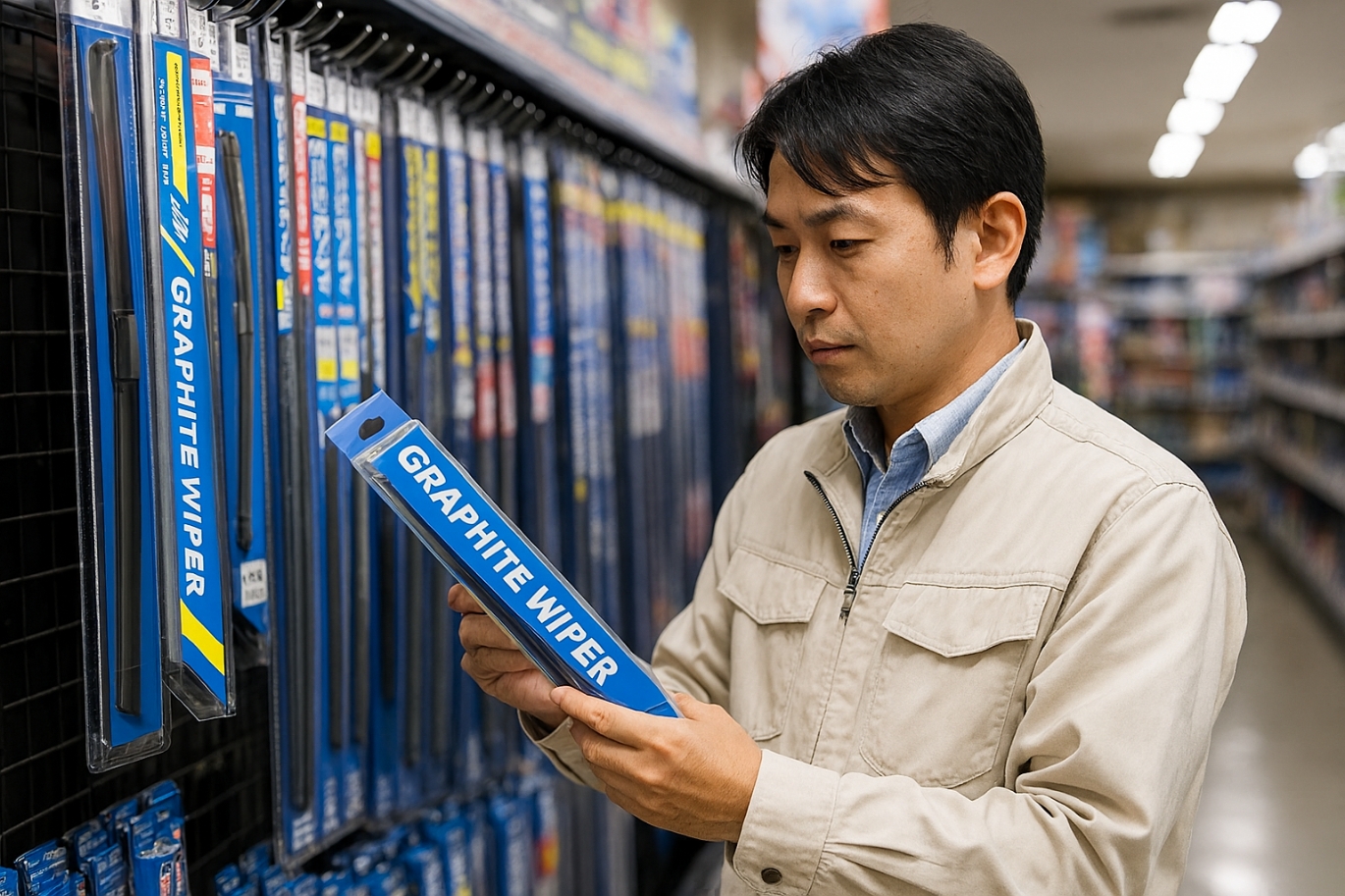 大手カー用品店でグラファイトワイパーを選ぶ男