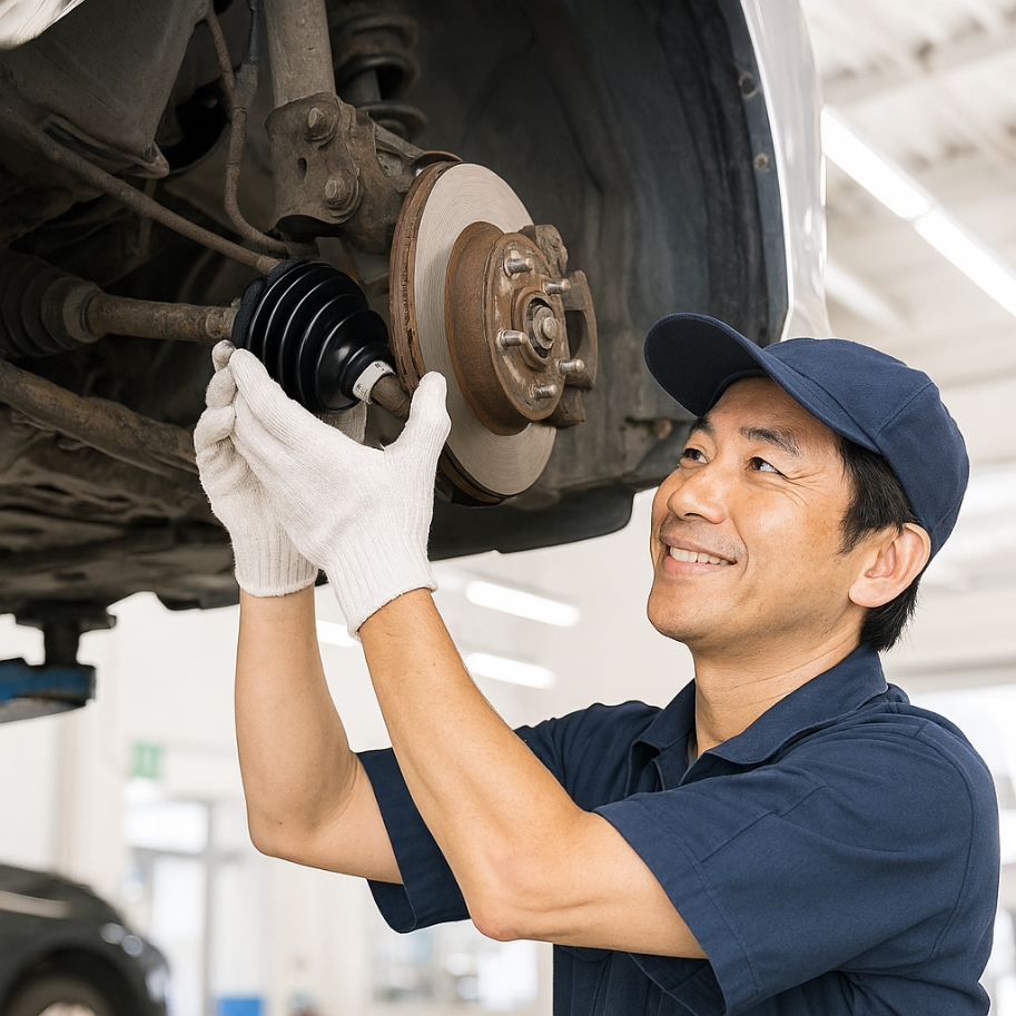 ドライブシャフトブーツを交換する整備士