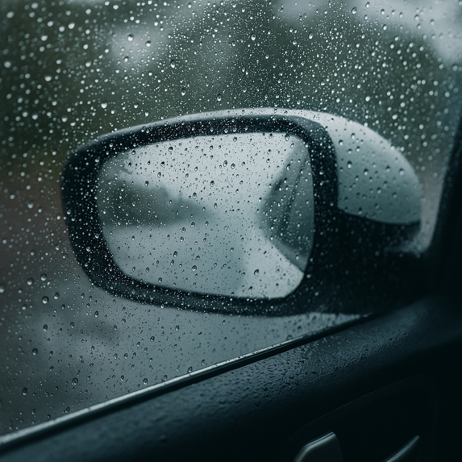 サイドガラスに雨粒はついているがミラーが見える状態