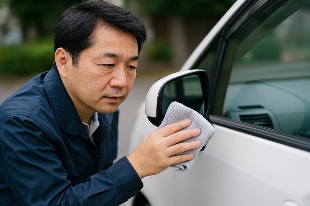 ドアミラーの鏡面部を磨く男