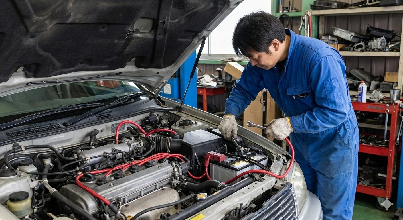 アーシングを施行中の整備士