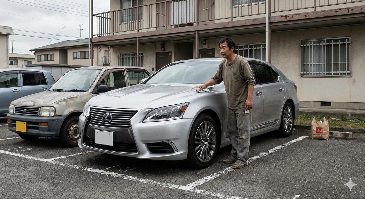 ボロアパートの前に駐車しているレクサスと中年男