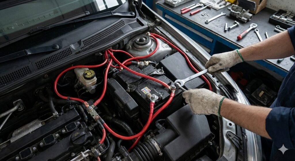 アーシングの配線を取り回す整備士