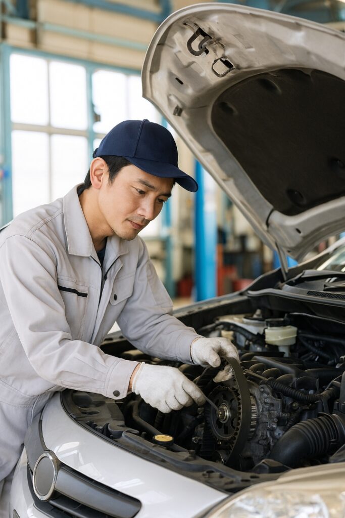 タイミングベルトを点検する整備士