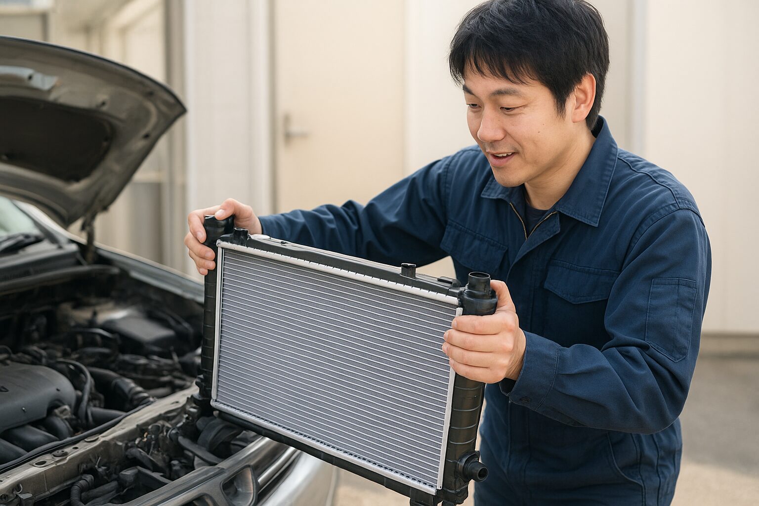 新品のラジエターを取り付ける作業をする男