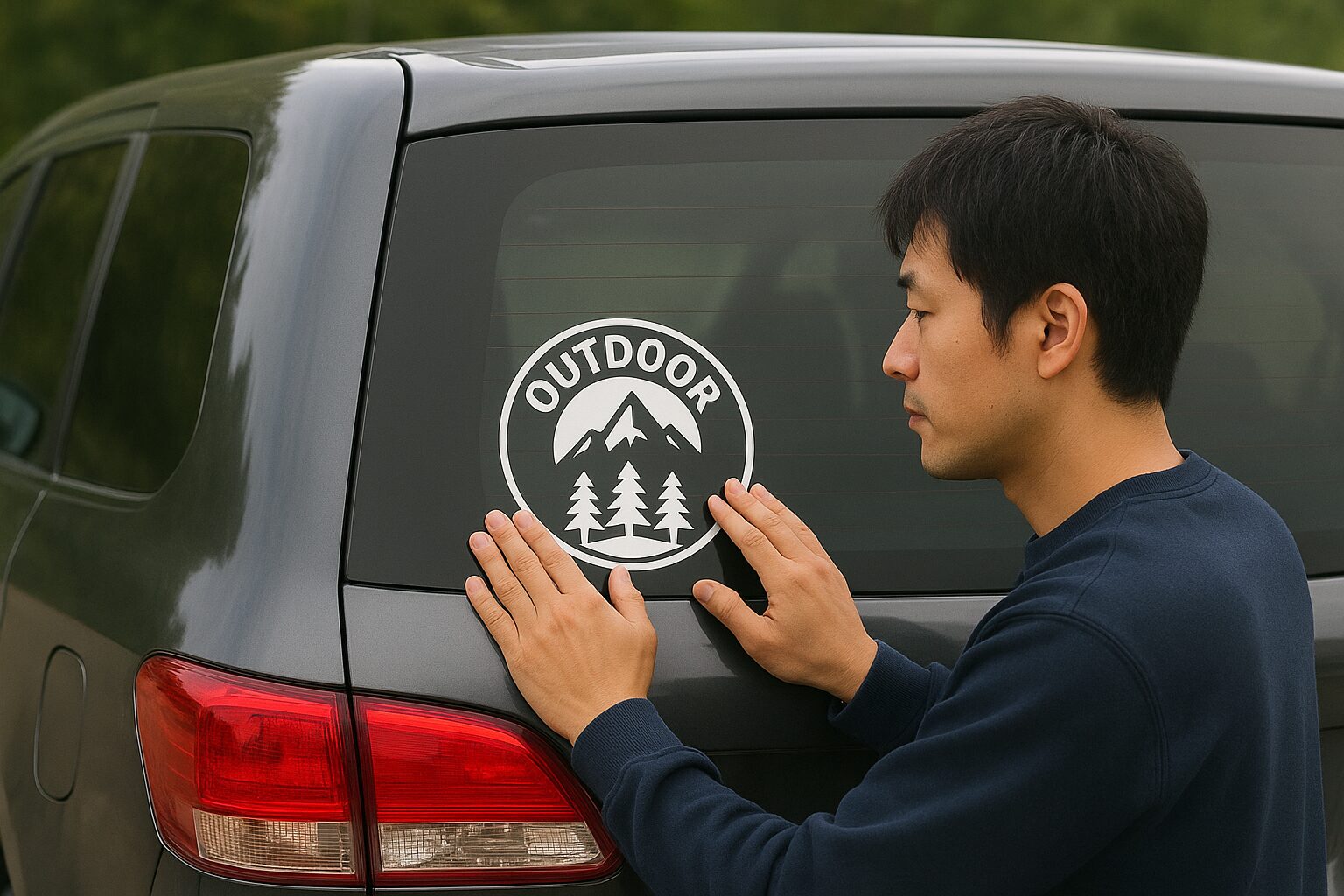 ワンボックスカーのりあガラスにシールを貼る男