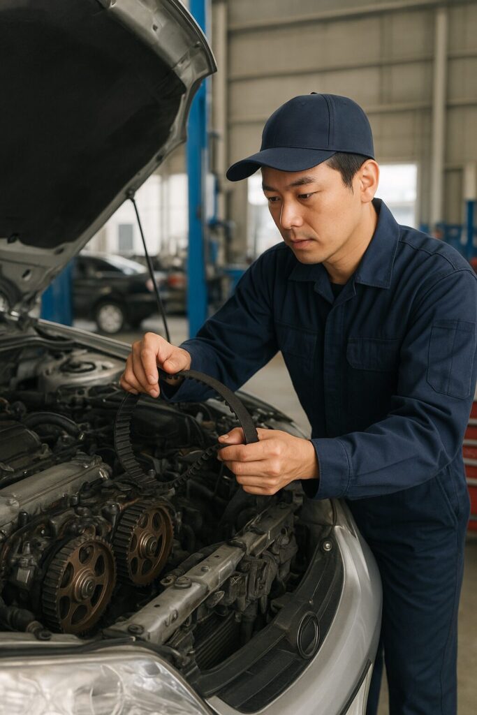 タイミングベルトを交換する整備士