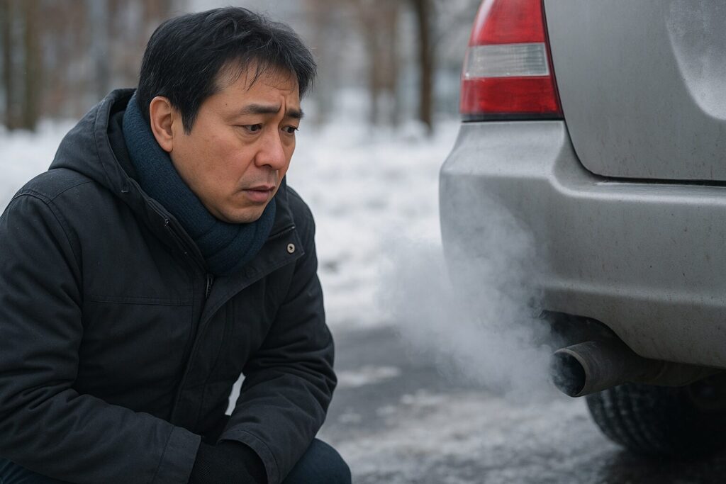 冬にマフラーから出る湯気と水を見て不安になる男