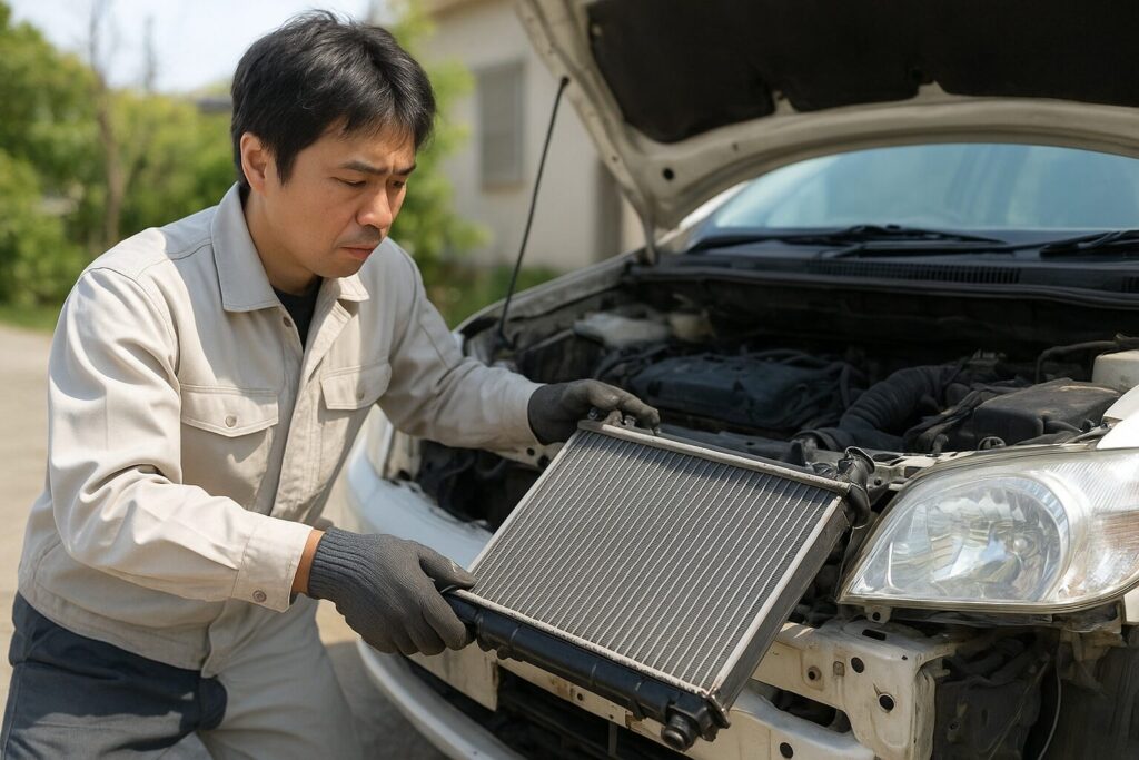 新品のラジエターを取り付けるところ