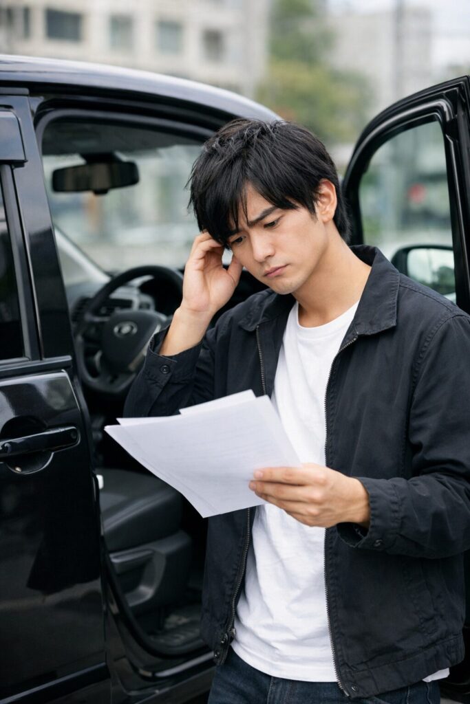 高級車の横で請求書を見て悩んでいる若い男
