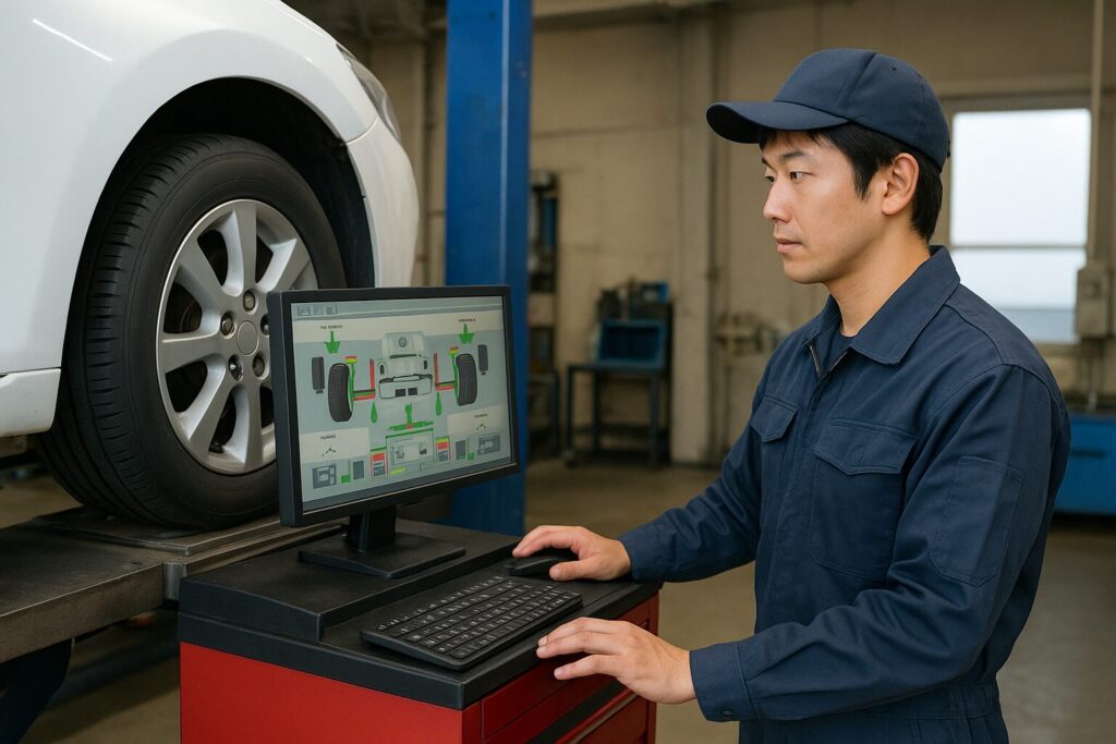 パソコンの画面でアライメントの調整を確認している整備士
