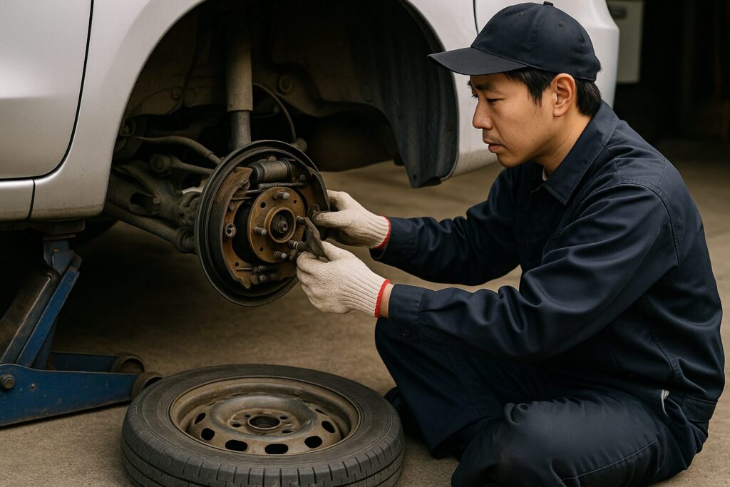ぶれーきのを分解し、シューの確認をする整備士