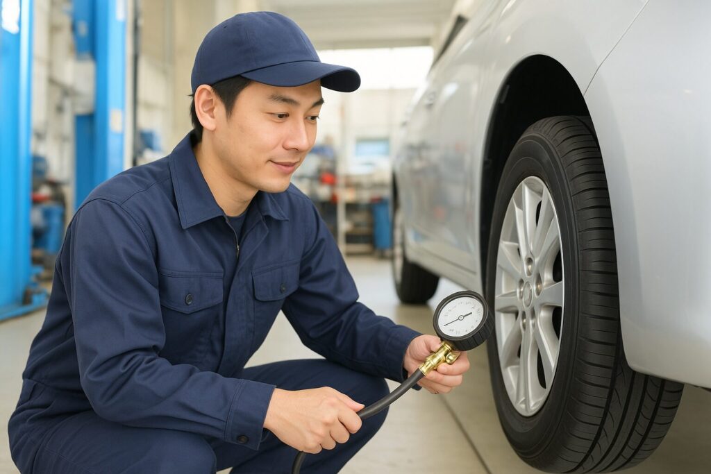 タイヤの空気圧を確認する整備士