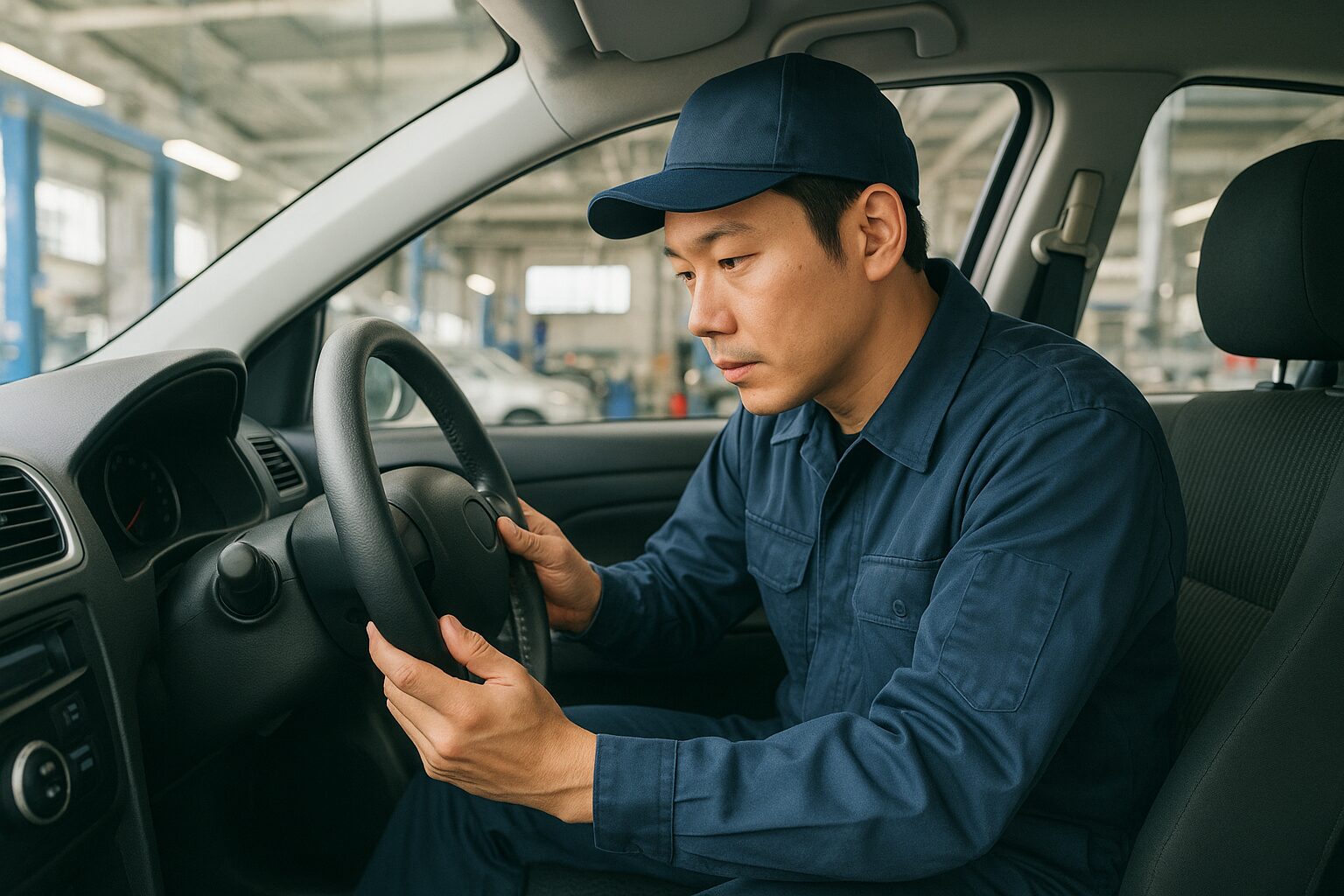 整備工場でステアリングの状態を確認する整備士