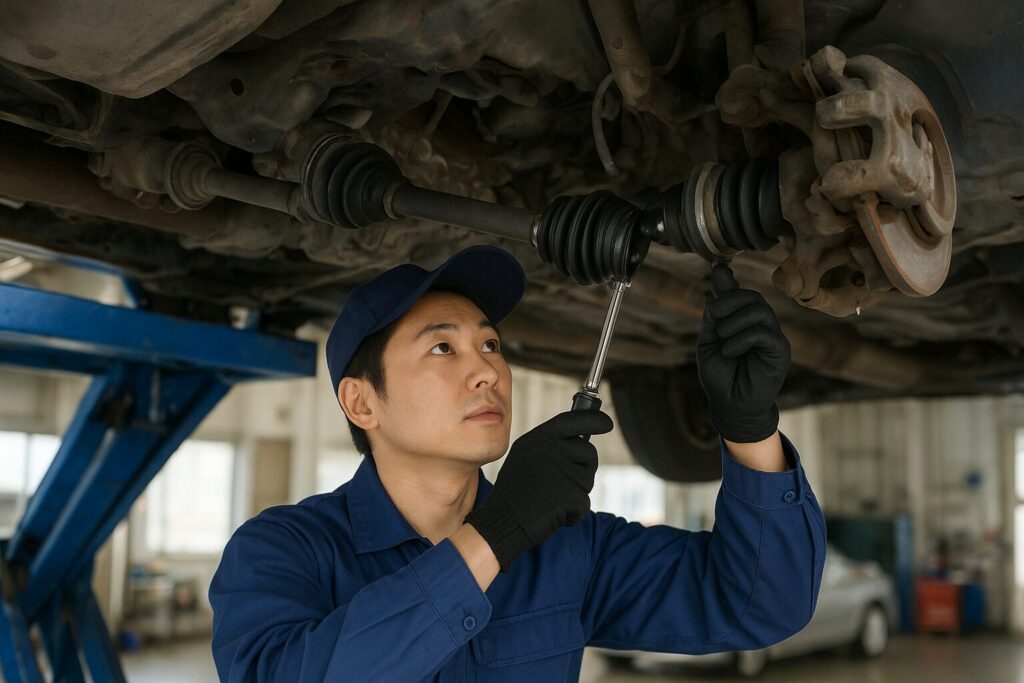 足回りのジョイントブーツを取り外し確認する整備士