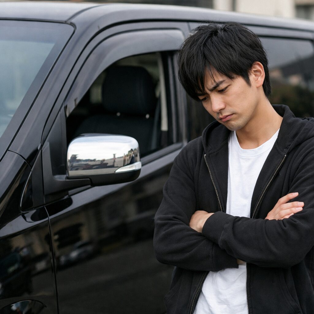 黒い高級車の前で腕を組んで悩む若い男