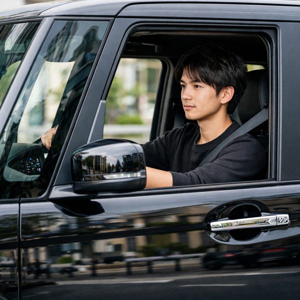 高級車を運転する若い男