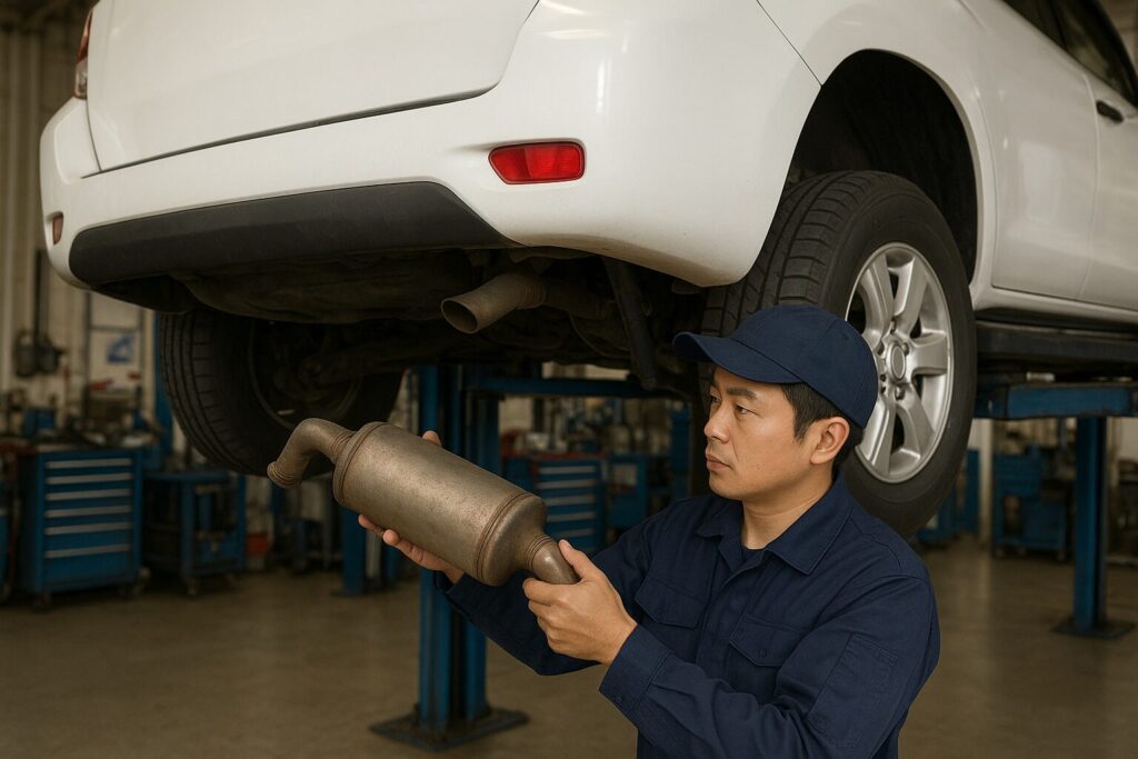リフトアップした車からマフラーのタイコを取り外す整備士