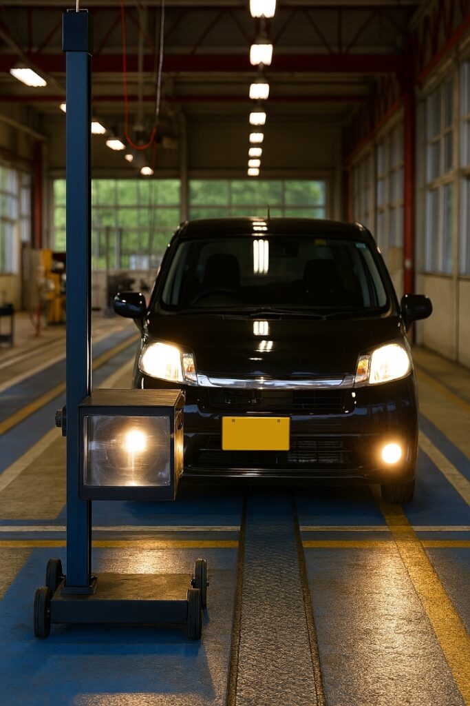 車検ラインの光軸検査をしている車