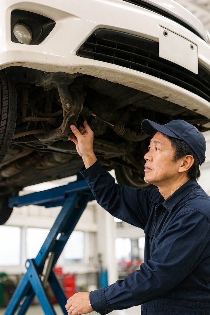 車をリフトアップしてステアリングを分解する整備士