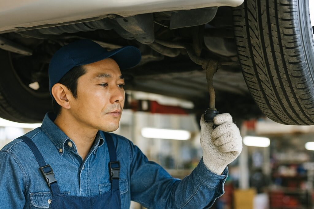 車の下からタイロッドエンドを確認する整備士