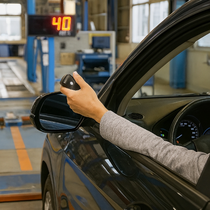 車検ラインのスピードメーター検査をする車