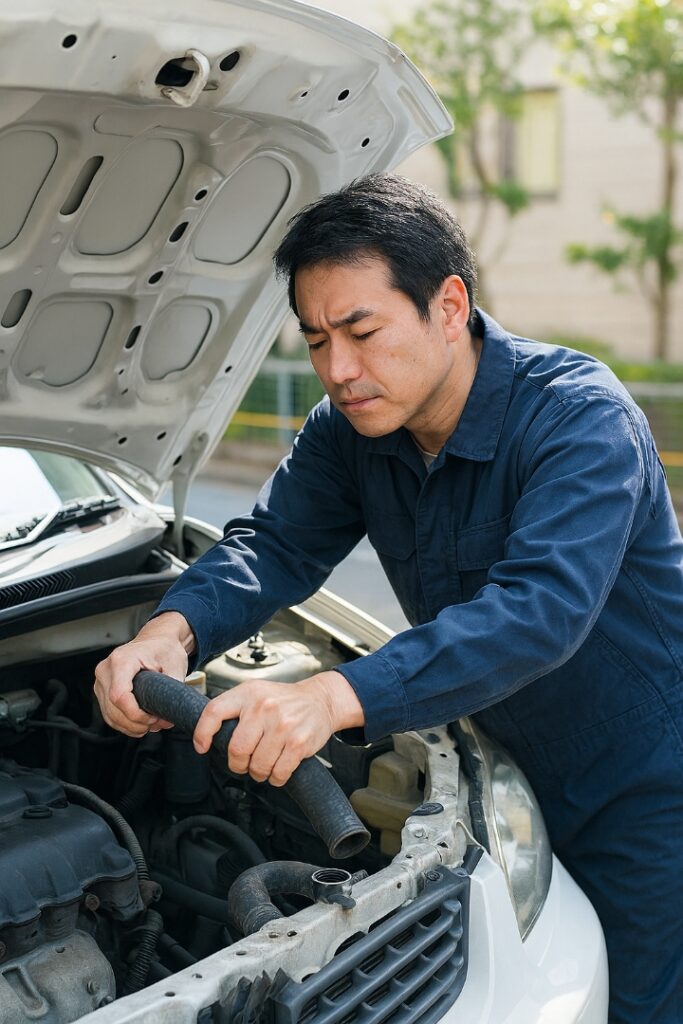 ラジエターホースを取り外す男