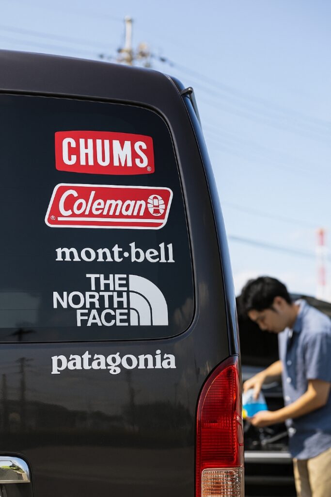 ワンボックスカーのリアガラスにアウトドア会社のシールが貼られている