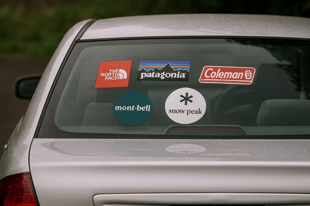 セダンのリアガラスにアウトドアブランドのシールを貼った車