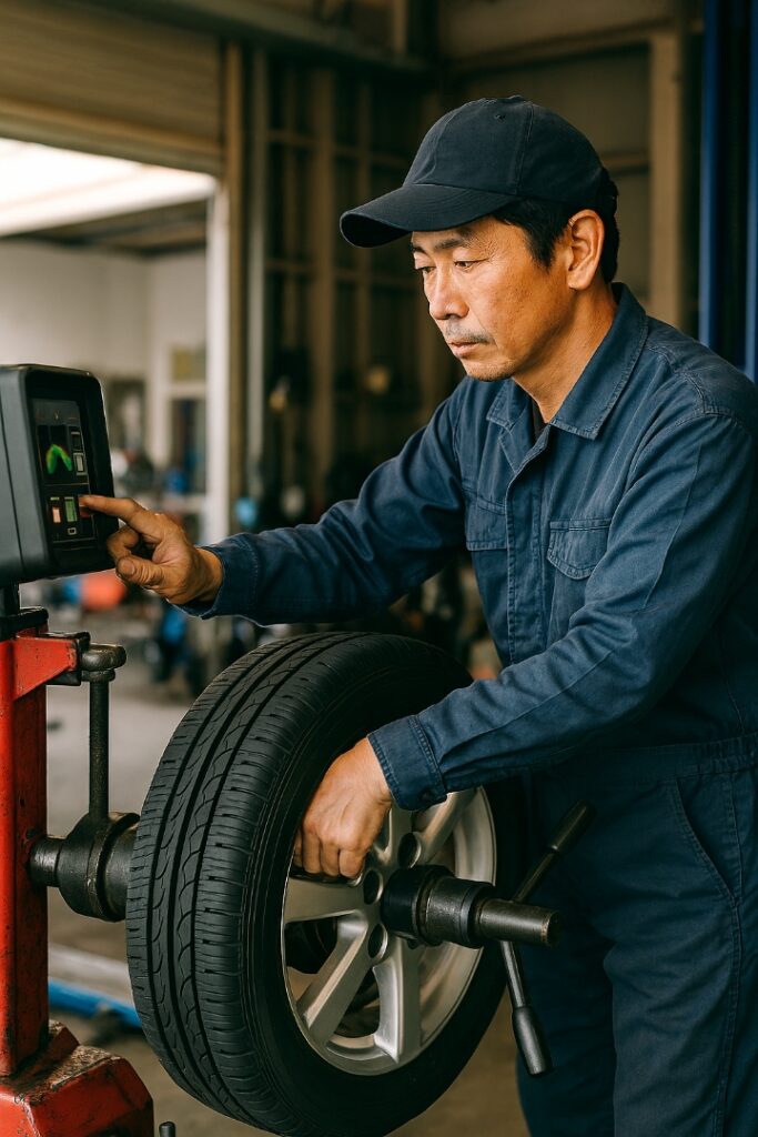 タイヤとホイールのバランスを調べる整備士