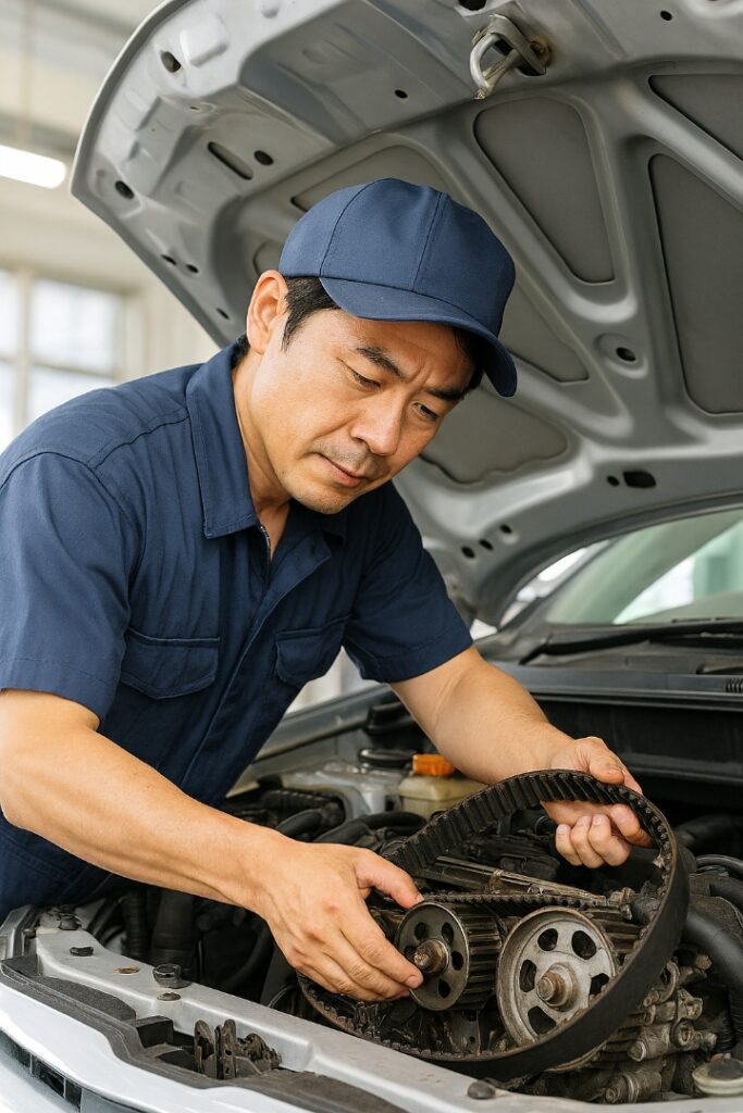 タイミングベルトを目視で状態を確認する整備士