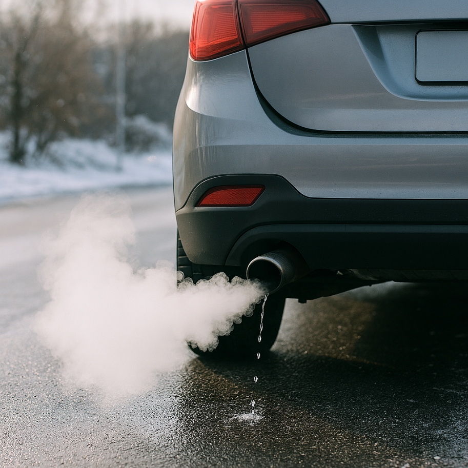 冬にマフラーから白い湯気と水が吹き出ている