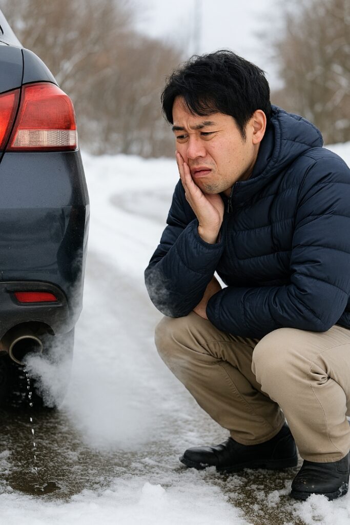 冬にマフラーから吹き出る湯気と水を見て不安になる男
