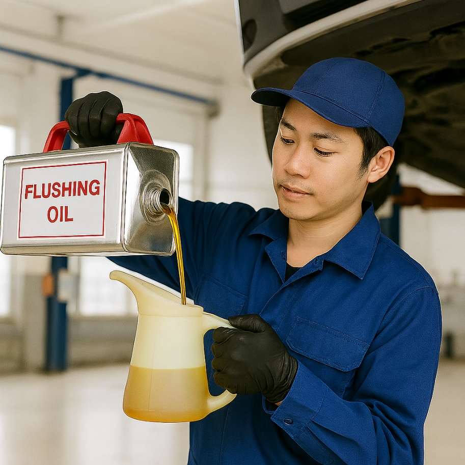フラッシングオイルをオイル注入器に注ぐ整備士