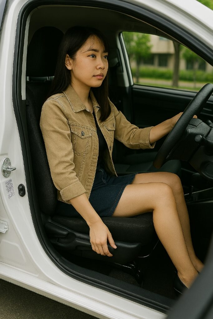 シートリフターで運転席の高さを調製する女